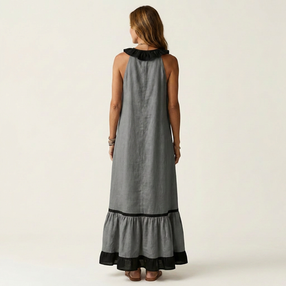 Mayline | Robe maxi sans manches à col volant et galon contrastant