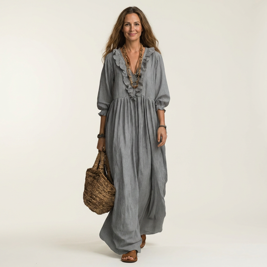 Yosetta | Robe maxi rayée à col en V à volants et manches lanternes