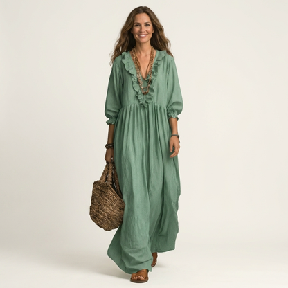 Yosetta | Robe maxi rayée à col en V à volants et manches lanternes
