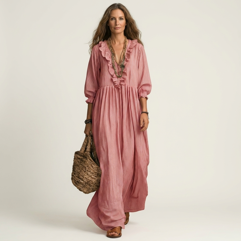Yosetta | Robe maxi rayée à col en V à volants et manches lanternes