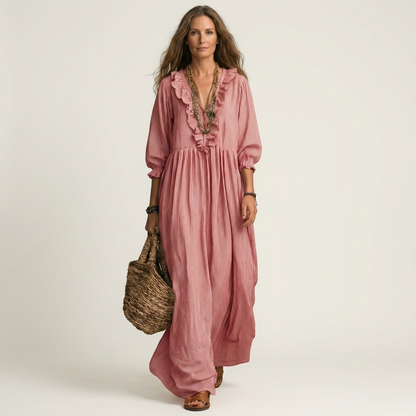 Yosetta | Robe maxi rayée à col en V à volants et manches lanternes