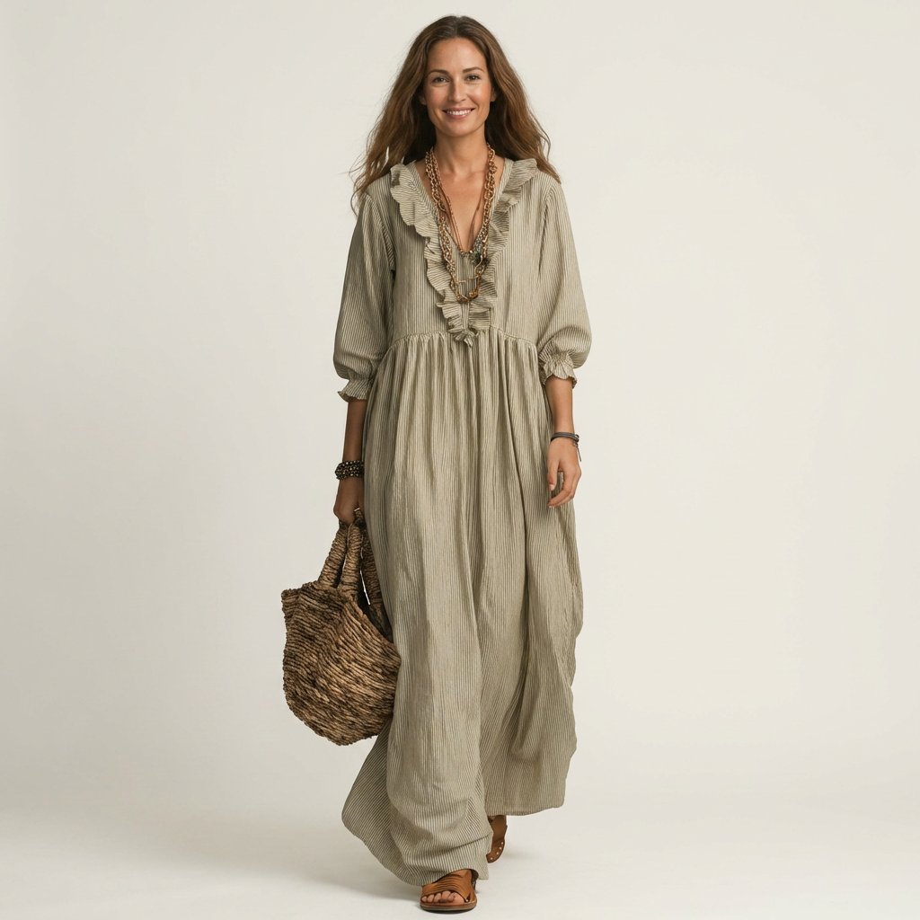 Yosetta | Robe maxi rayée à col en V à volants et manches lanternes