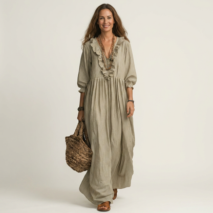 Yosetta | Robe maxi rayée à col en V à volants et manches lanternes