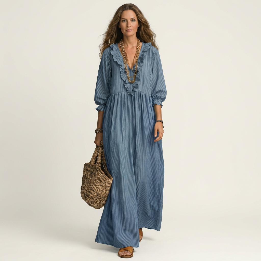 Yosetta | Robe maxi rayée à col en V à volants et manches lanternes