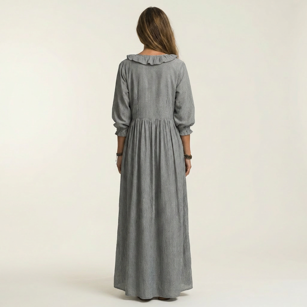 Yosetta | Robe maxi rayée à col en V à volants et manches lanternes