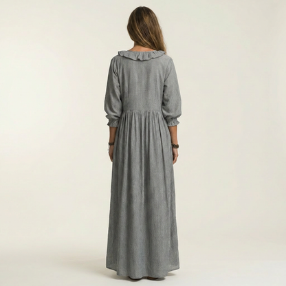 Yosetta | Robe maxi rayée à col en V à volants et manches lanternes