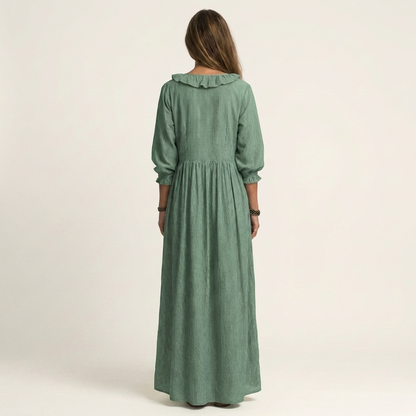 Yosetta | Robe maxi rayée à col en V à volants et manches lanternes