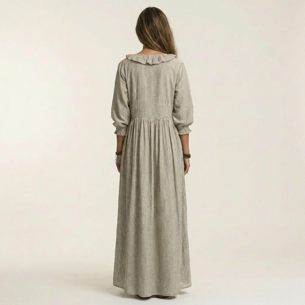 Yosetta | Robe maxi rayée à col en V à volants et manches lanternes