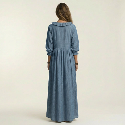 Yosetta | Robe maxi rayée à col en V à volants et manches lanternes