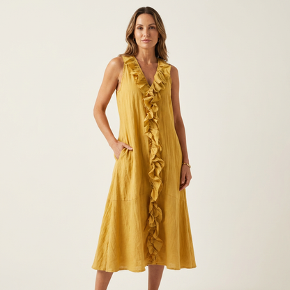 Vicky | Robe maxi sans manches à col en V et à volants sur le devant