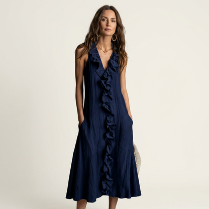 Vicky | Robe maxi sans manches à col en V et à volants sur le devant