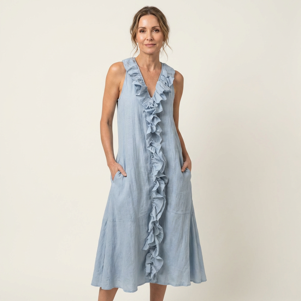 Vicky | Robe maxi sans manches à col en V et à volants sur le devant
