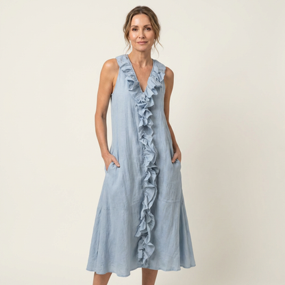 Vicky | Robe maxi sans manches à col en V et à volants sur le devant