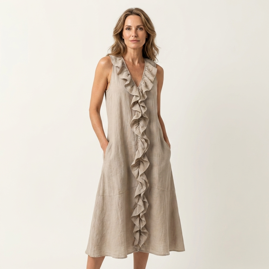 Vicky | Robe maxi sans manches à col en V et à volants sur le devant