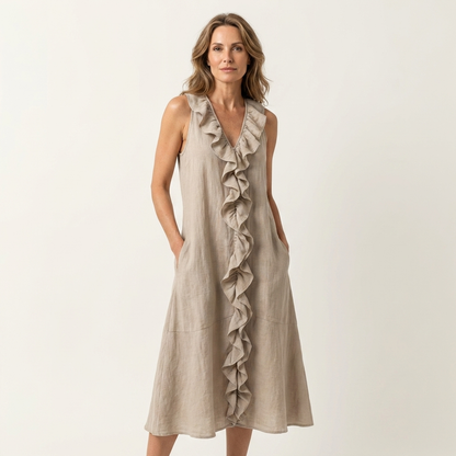 Vicky | Robe maxi sans manches à col en V et à volants sur le devant