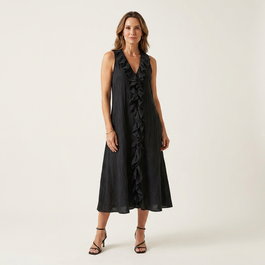 Vicky | Robe maxi sans manches à col en V et à volants sur le devant