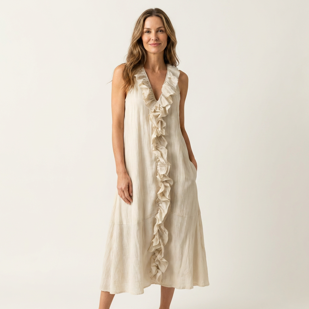 Vicky | Robe maxi sans manches à col en V et à volants sur le devant