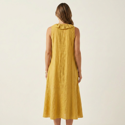 Vicky | Robe maxi sans manches à col en V et à volants sur le devant