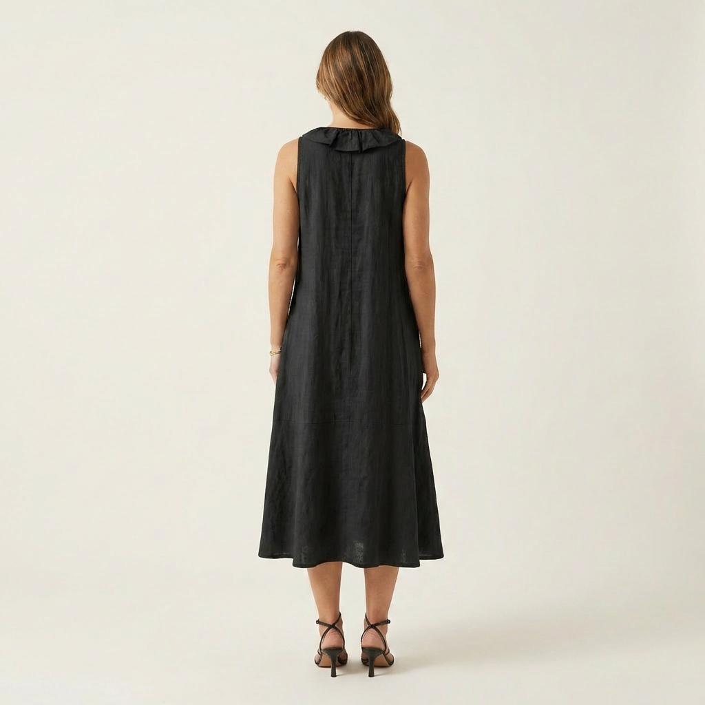 Vicky | Robe maxi sans manches à col en V et à volants sur le devant