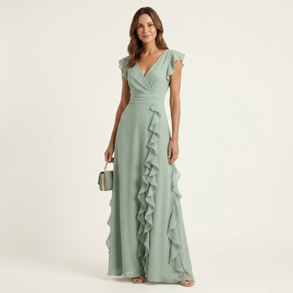 Nellyana | Robe maxi portefeuille à encolure en V, manches à volants et volants en cascade