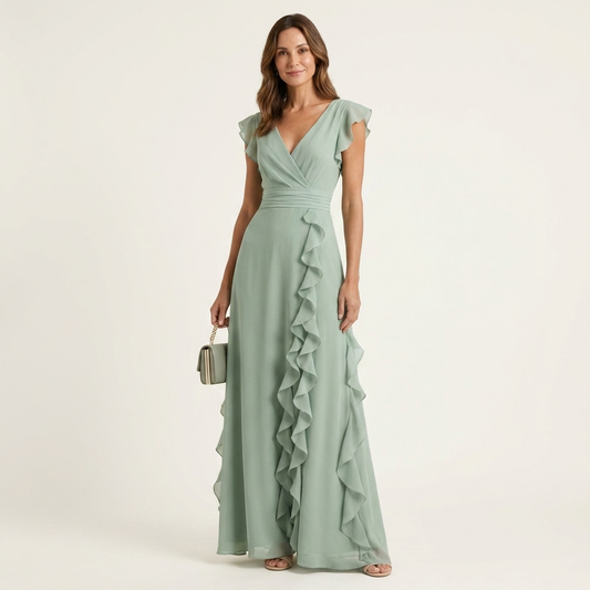Nellyana | Robe maxi portefeuille à encolure en V, manches à volants et volants en cascade