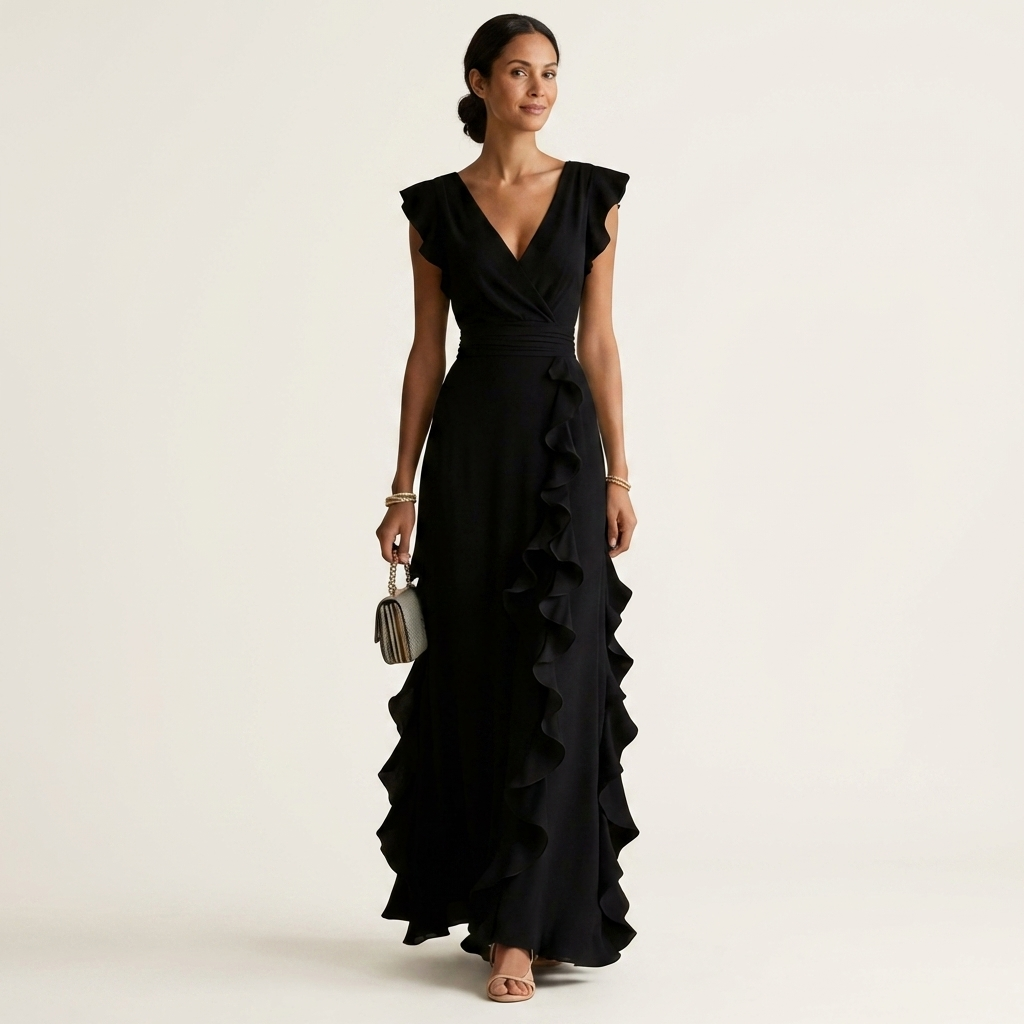 Nellyana | Robe maxi portefeuille à encolure en V, manches à volants et volants en cascade