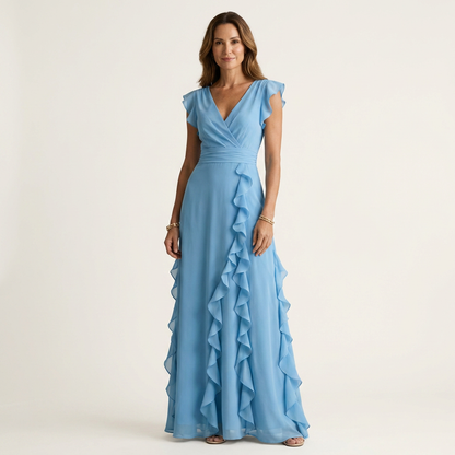 Nellyana | Robe maxi portefeuille à encolure en V, manches à volants et volants en cascade