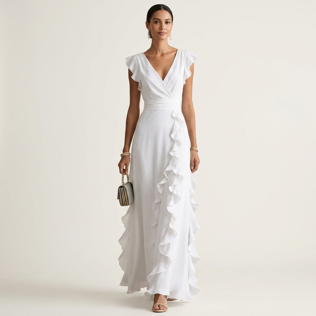 Nellyana | Robe maxi portefeuille à encolure en V, manches à volants et volants en cascade