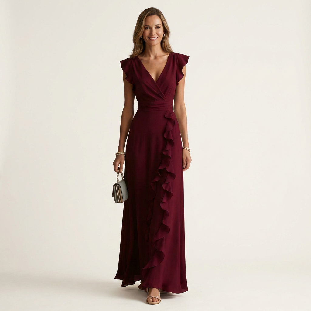 Nellyana | Robe maxi portefeuille à encolure en V, manches à volants et volants en cascade