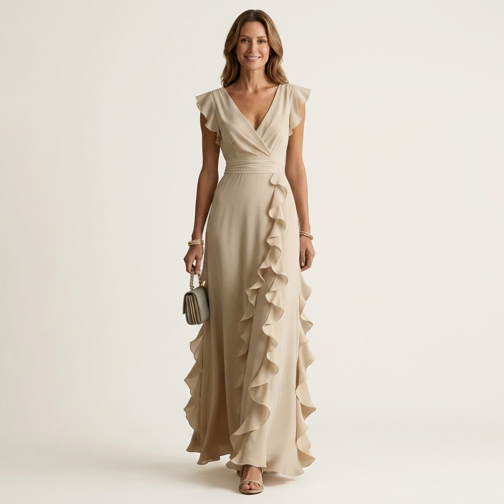 Nellyana | Robe maxi portefeuille à encolure en V, manches à volants et volants en cascade