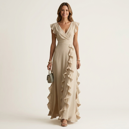 Nellyana | Robe maxi portefeuille à encolure en V, manches à volants et volants en cascade