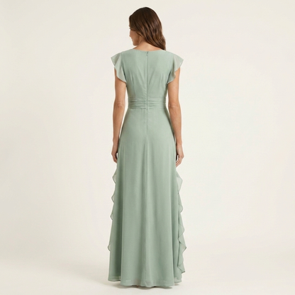 Nellyana | Robe maxi portefeuille à encolure en V, manches à volants et volants en cascade