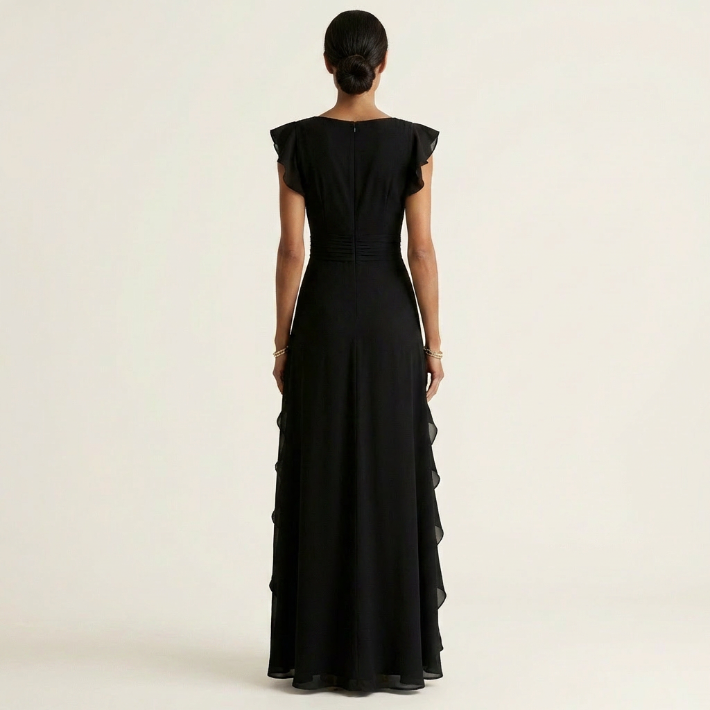 Nellyana | Robe maxi portefeuille à encolure en V, manches à volants et volants en cascade