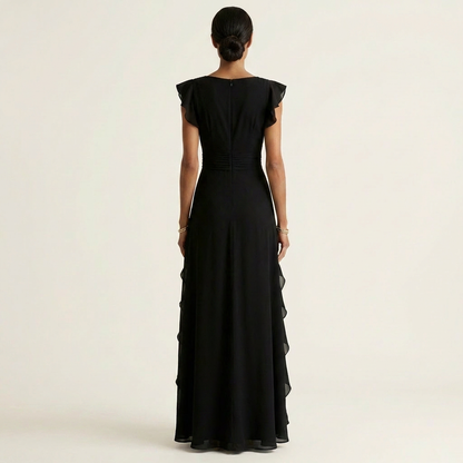 Nellyana | Robe maxi portefeuille à encolure en V, manches à volants et volants en cascade