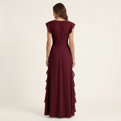 Nellyana | Robe maxi portefeuille à encolure en V, manches à volants et volants en cascade