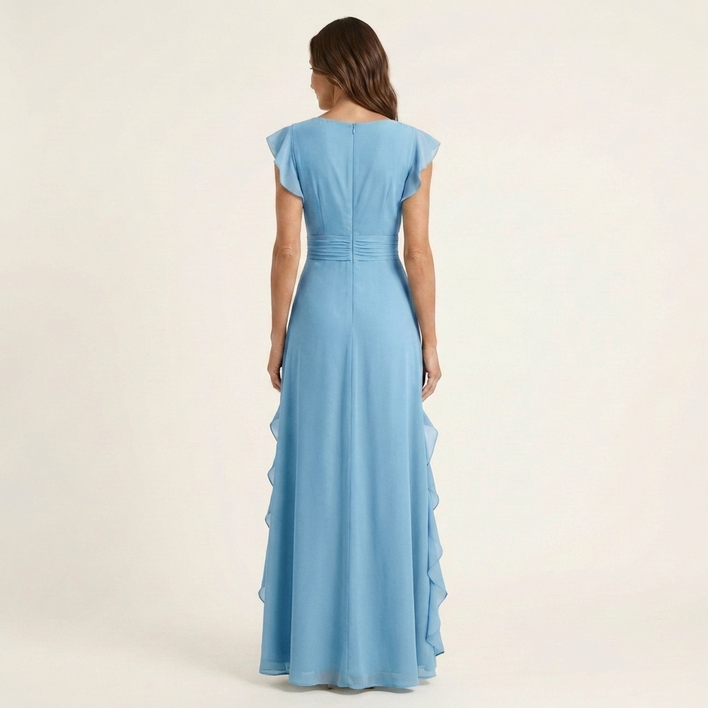 Nellyana | Robe maxi portefeuille à encolure en V, manches à volants et volants en cascade
