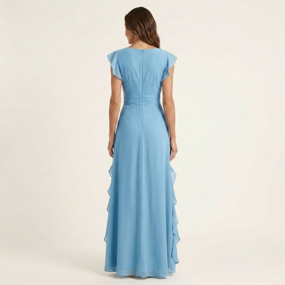 Nellyana | Robe maxi portefeuille à encolure en V, manches à volants et volants en cascade