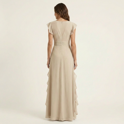 Nellyana | Robe maxi portefeuille à encolure en V, manches à volants et volants en cascade