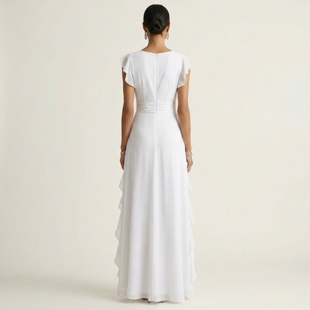 Nellyana | Robe maxi portefeuille à encolure en V, manches à volants et volants en cascade