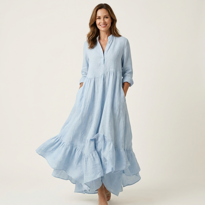 Jilana | Robe maxi à col montant et boutons sur le devant, ourlet volant