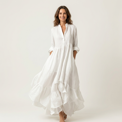 Jilana | Robe maxi à col montant et boutons sur le devant, ourlet volant
