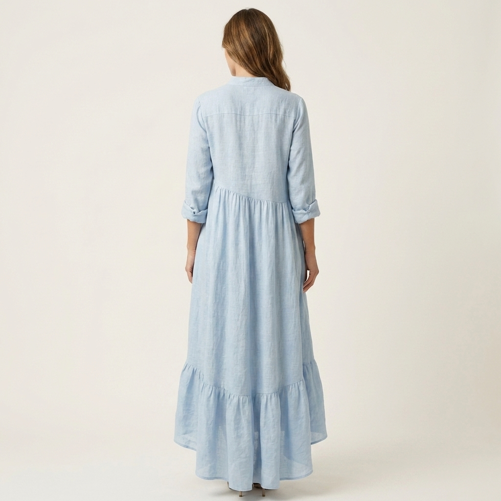 Jilana | Robe maxi à col montant et boutons sur le devant, ourlet volant