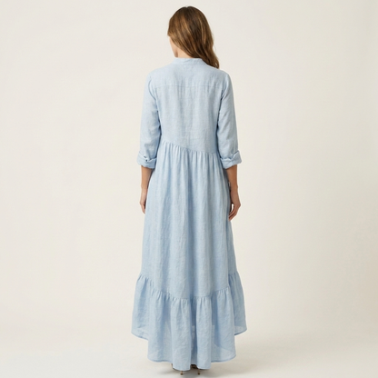 Jilana | Robe maxi à col montant et boutons sur le devant, ourlet volant