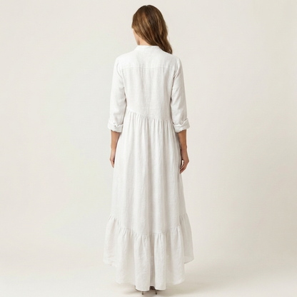 Jilana | Robe maxi à col montant et boutons sur le devant, ourlet volant