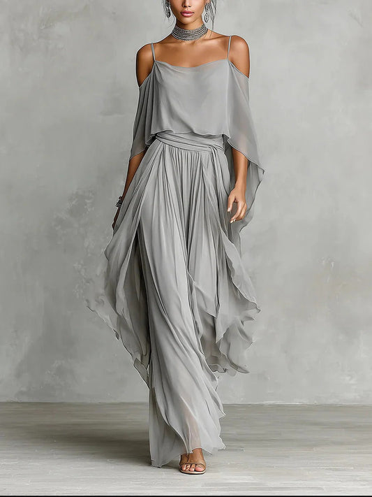 Renata | Ensemble fluide gris avec haut à bretelles et pantalon léger