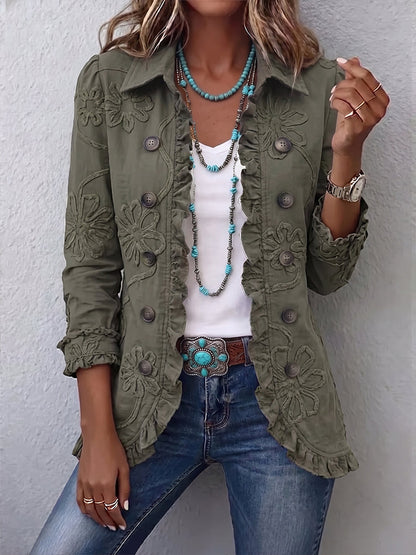 Pierrette™ | Veste utilitaire brodée de fleurs à bordures volantées Boho-Chic